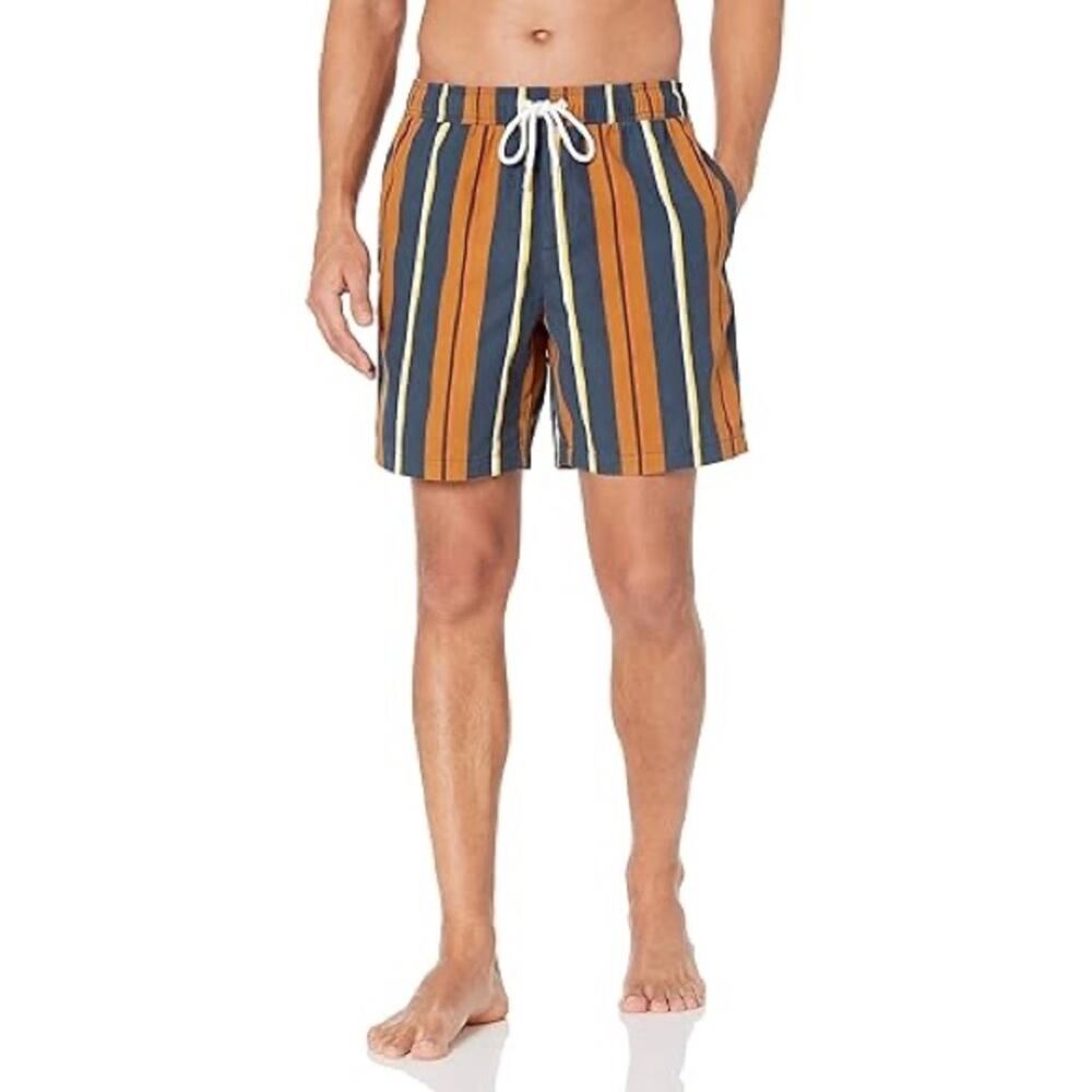 Goodthreads Mens 7 Swim‎ Trunk | Tobacco Brown/Navy, Stripe, Medium